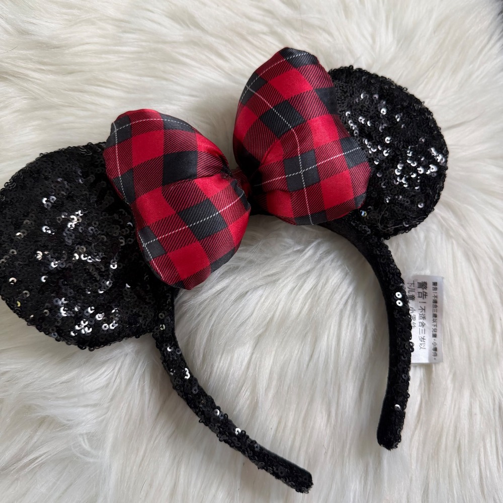 Disney Parks - Christmas Black Sequin and Red/Green Plaid Mickey Ears